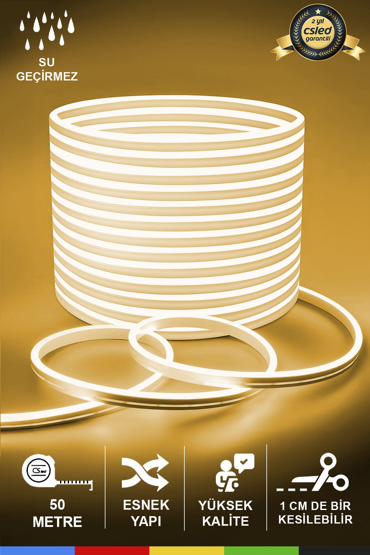 12V İç ve Dış Mekan Gün Işığı Neon LED Şerit – 50 Metre Esnek Silikon Neon Işık, (1 cm’de Bir Kesilebilir)