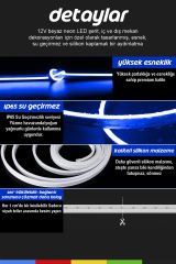 12V İç ve Dış Mekan Mavi Neon LED Şerit – 5 Metre Esnek Silikon Neon Işık, (1 cm’de Bir Kesilebilir)