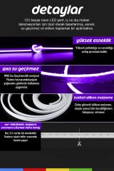 12V İç ve Dış Mekan Mor Neon LED Şerit – 5 Metre Esnek Silikon Neon Işık, (2.5 Cm’de Bir Kesilebilir)