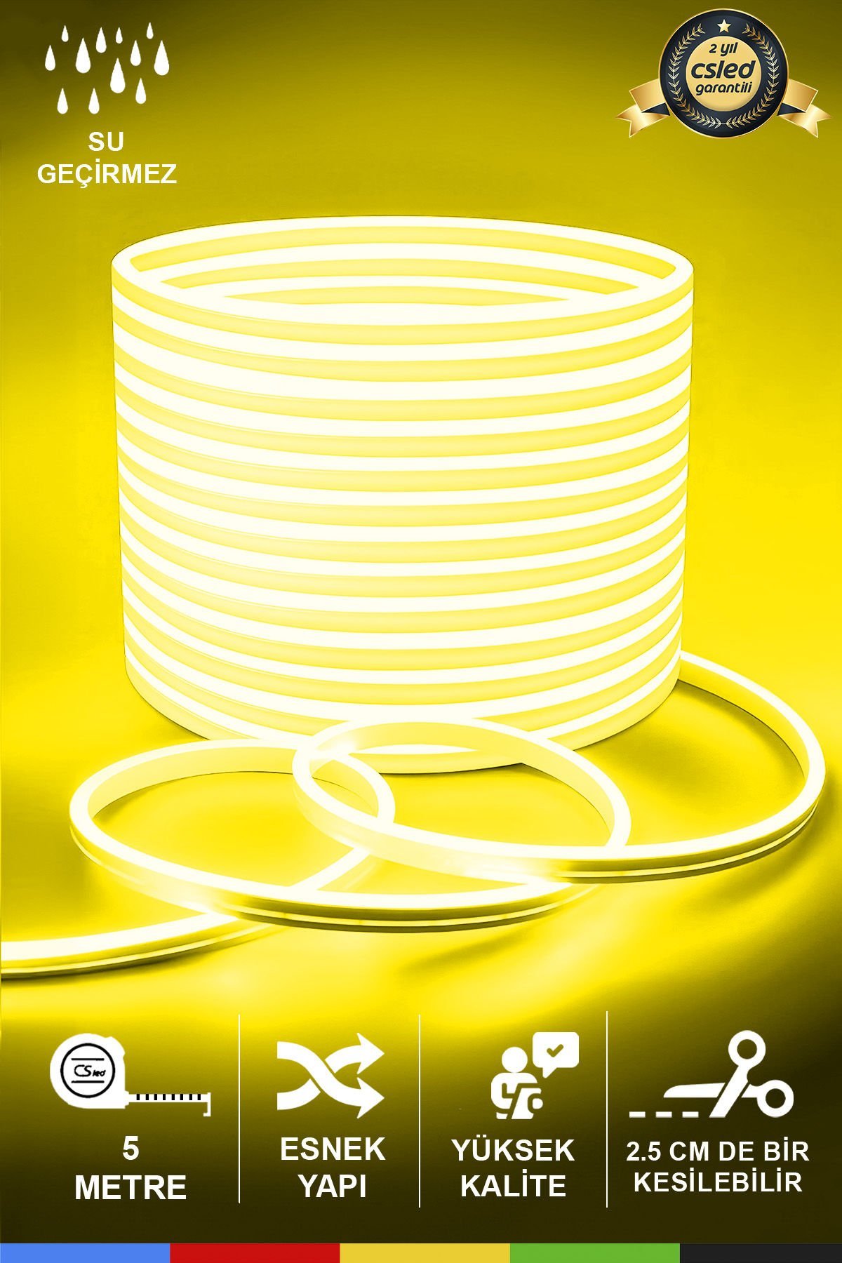 12V İç ve Dış Mekan Sarı Neon LED Şerit – 50 Metre Esnek Silikon Neon Işık, (1 cm’de Bir Kesilebilir)