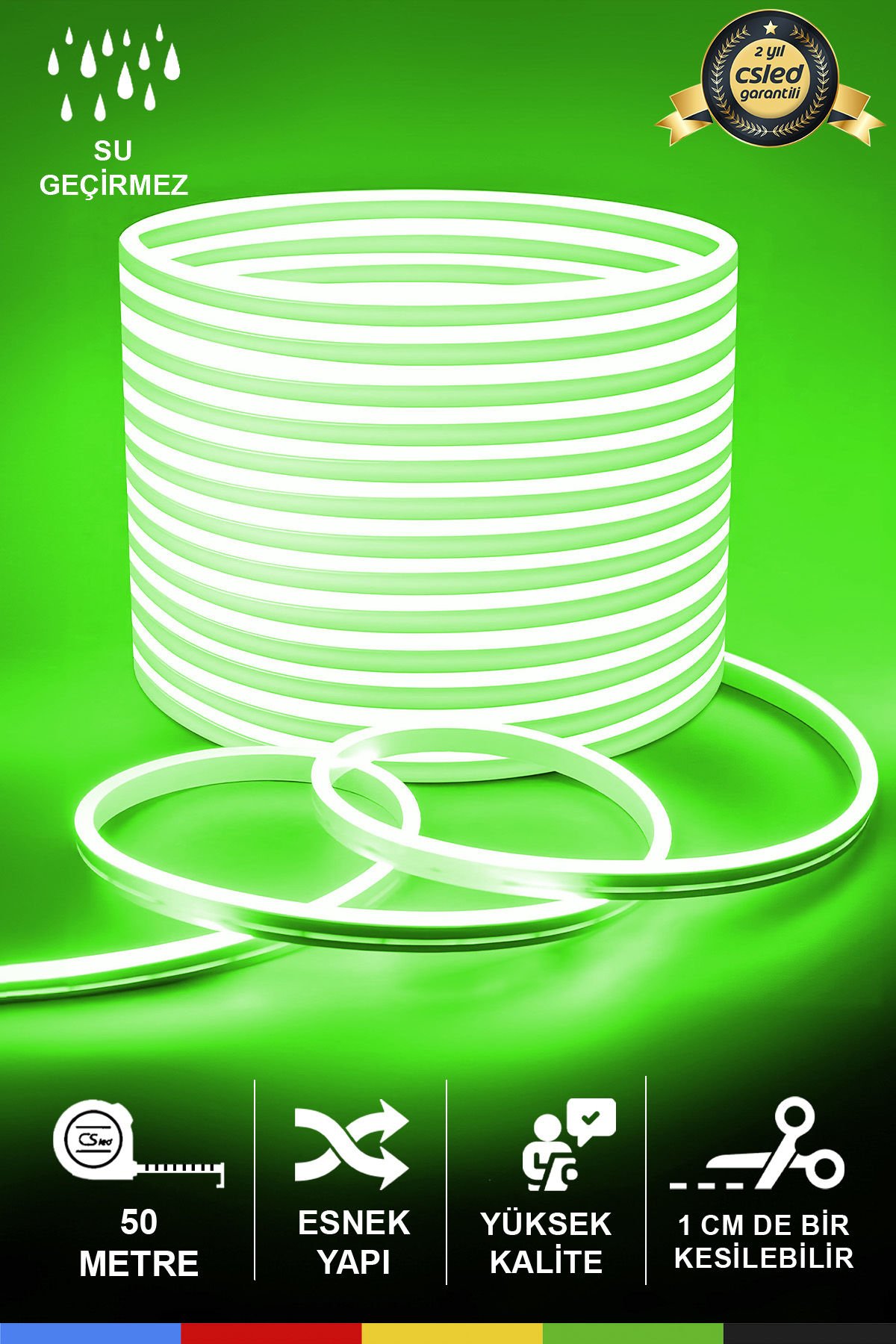 12V İç ve Dış Mekan Yeşil Neon LED Şerit – 50 Metre Esnek Silikon Neon Işık, (1 cm’de Bir Kesilebilir)