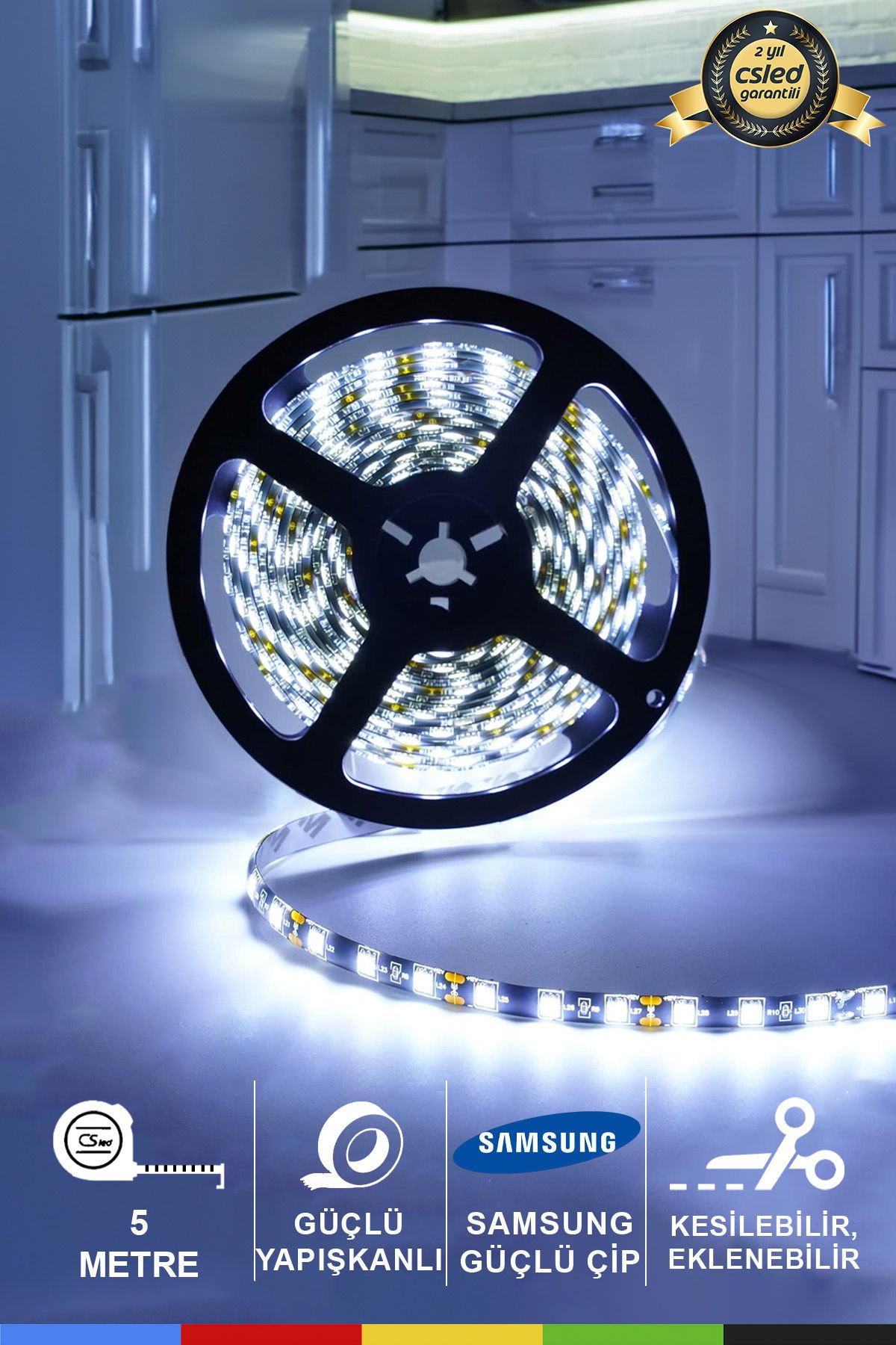 12V İç Mekan 2835 Samsung 6500K Beyaz LED Şerit – 5 Metre, M/60, Kesilebilir ve Eklenebilir