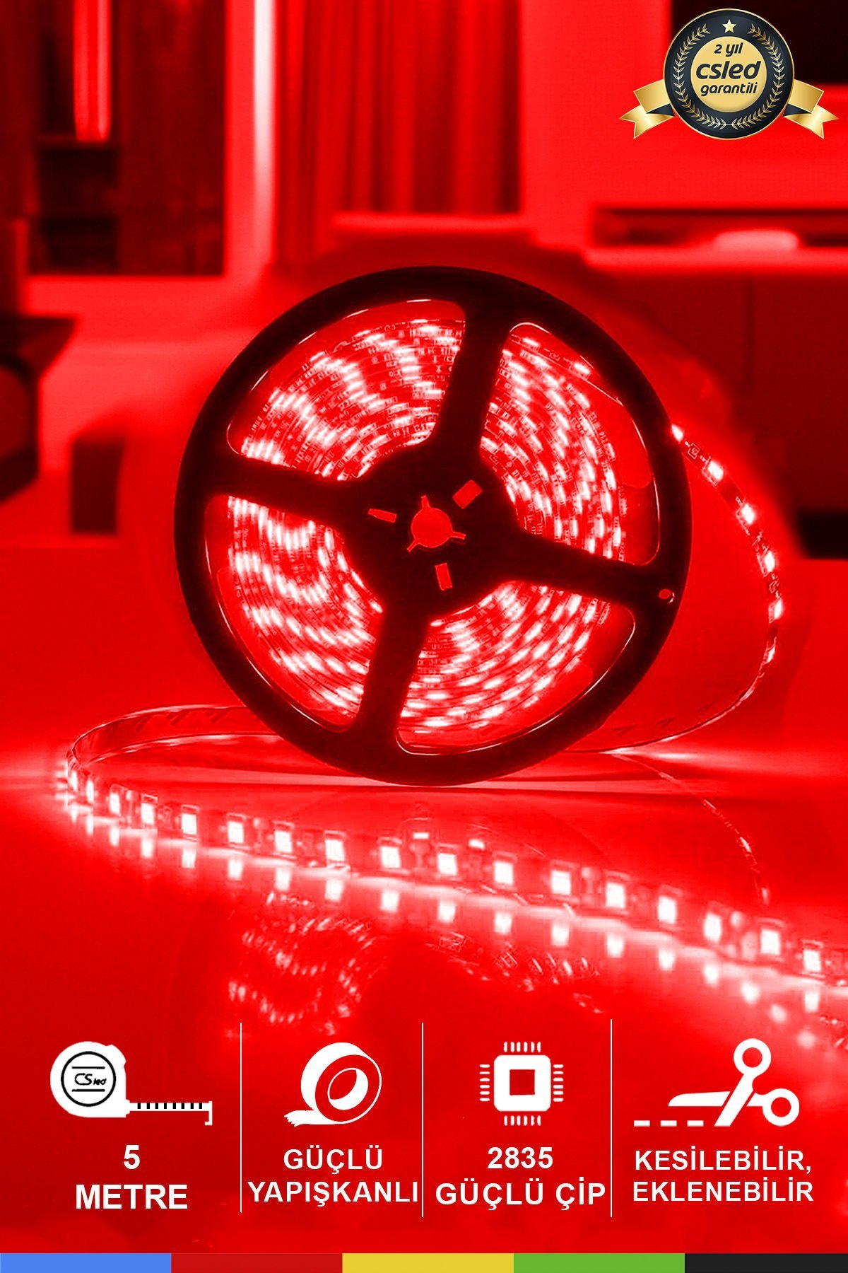 12V İç Mekan M/60 2835 Kırmızı LED Şerit – 5 Metre, Kesilebilir ve Eklenebilir