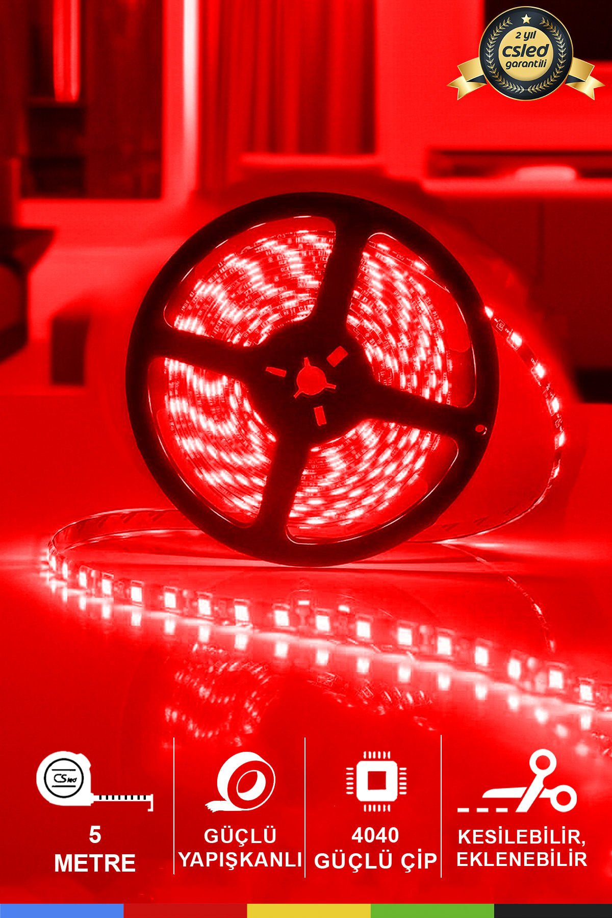 12V İç Mekan M/60 4040 Kırmızı LED Şerit – 5 Metre, Kesilebilir ve Eklenebilir