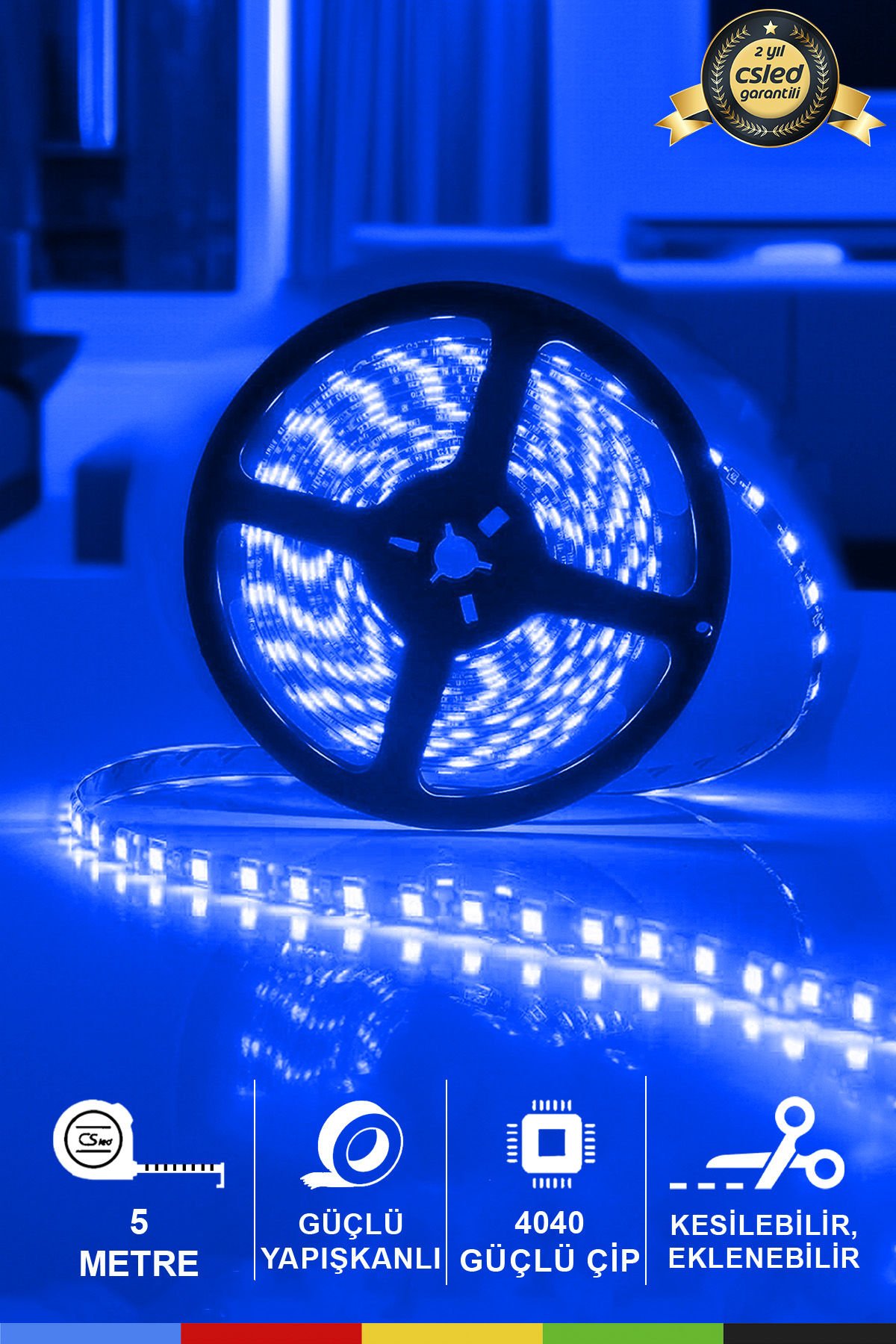 12V İç Mekan M/60 4040 Mavi LED Şerit – 5 Metre, Kesilebilir ve Eklenebilir