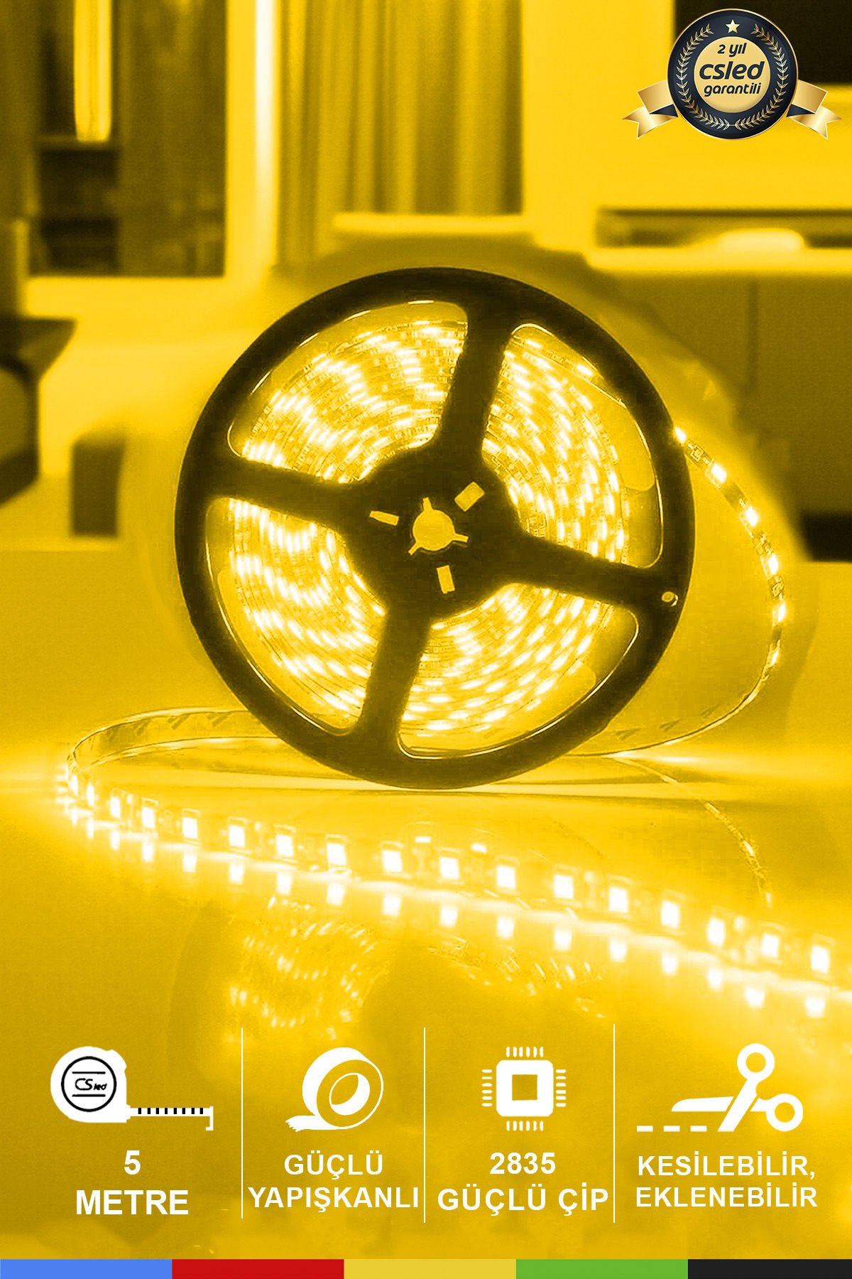 12V İç Mekan M/60 2835 Sarı LED Şerit – 5 Metre, Kesilebilir ve Eklenebilir