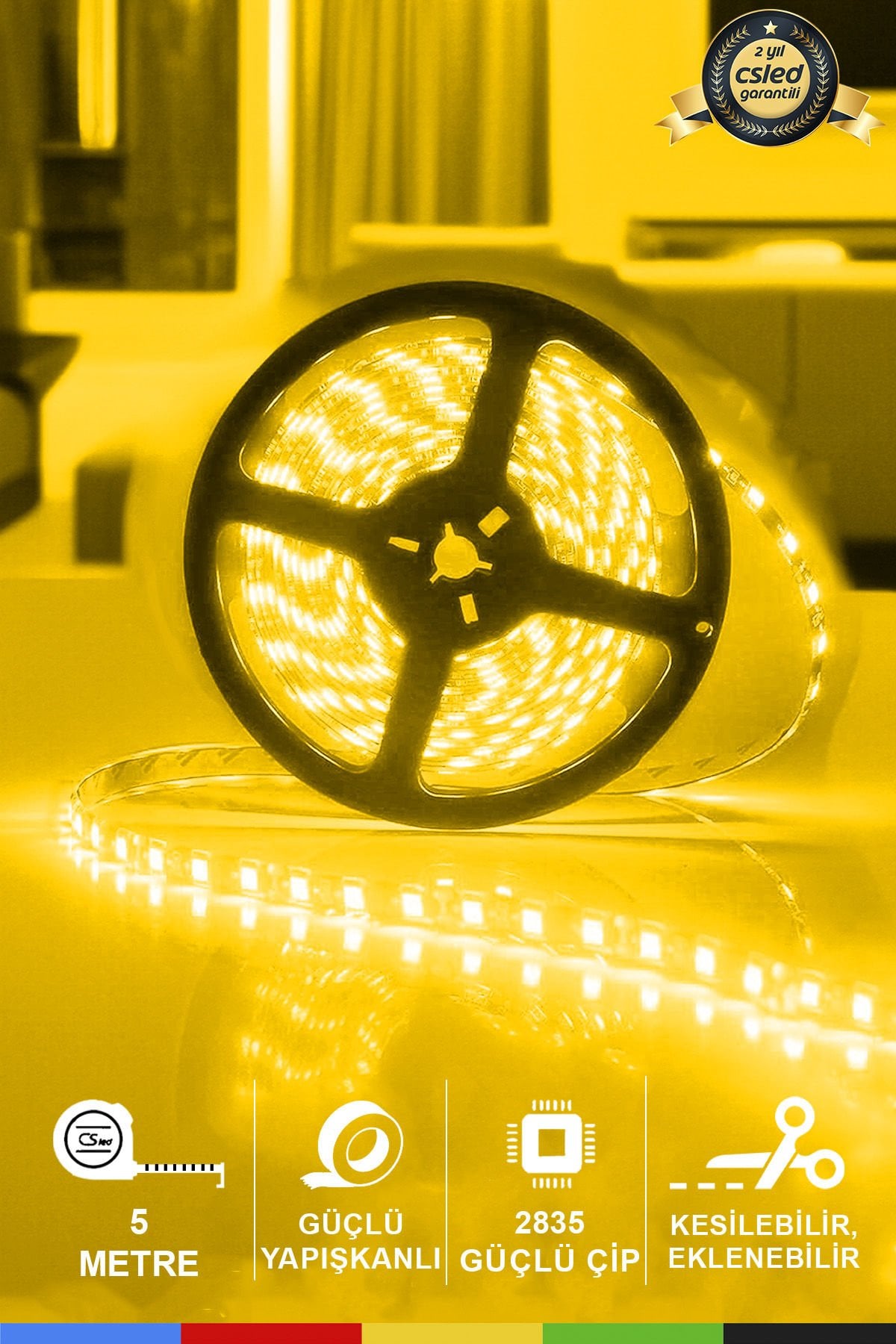 12V İç Mekan M/60 2835 Sarı LED Şerit – 5 Metre, Kesilebilir ve Eklenebilir
