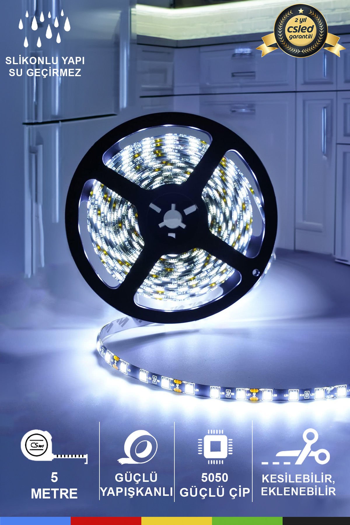 12V Dış Mekan M/60 5050 Beyaz LED Şerit – 5 Metre, Kesilebilir ve Eklenebilir