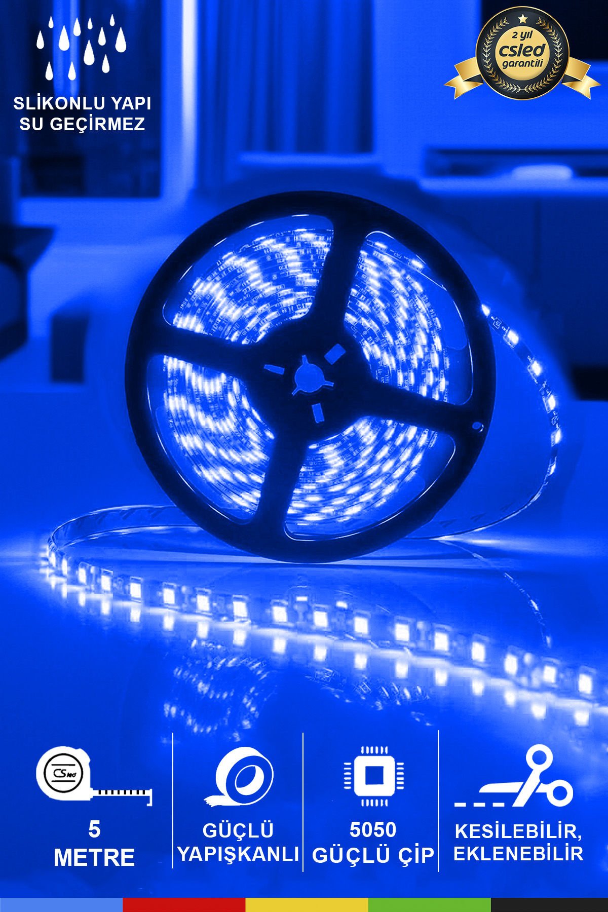 12V Dış Mekan M/60 5050 Mavi LED Şerit – 5 Metre, Kesilebilir ve Eklenebilir