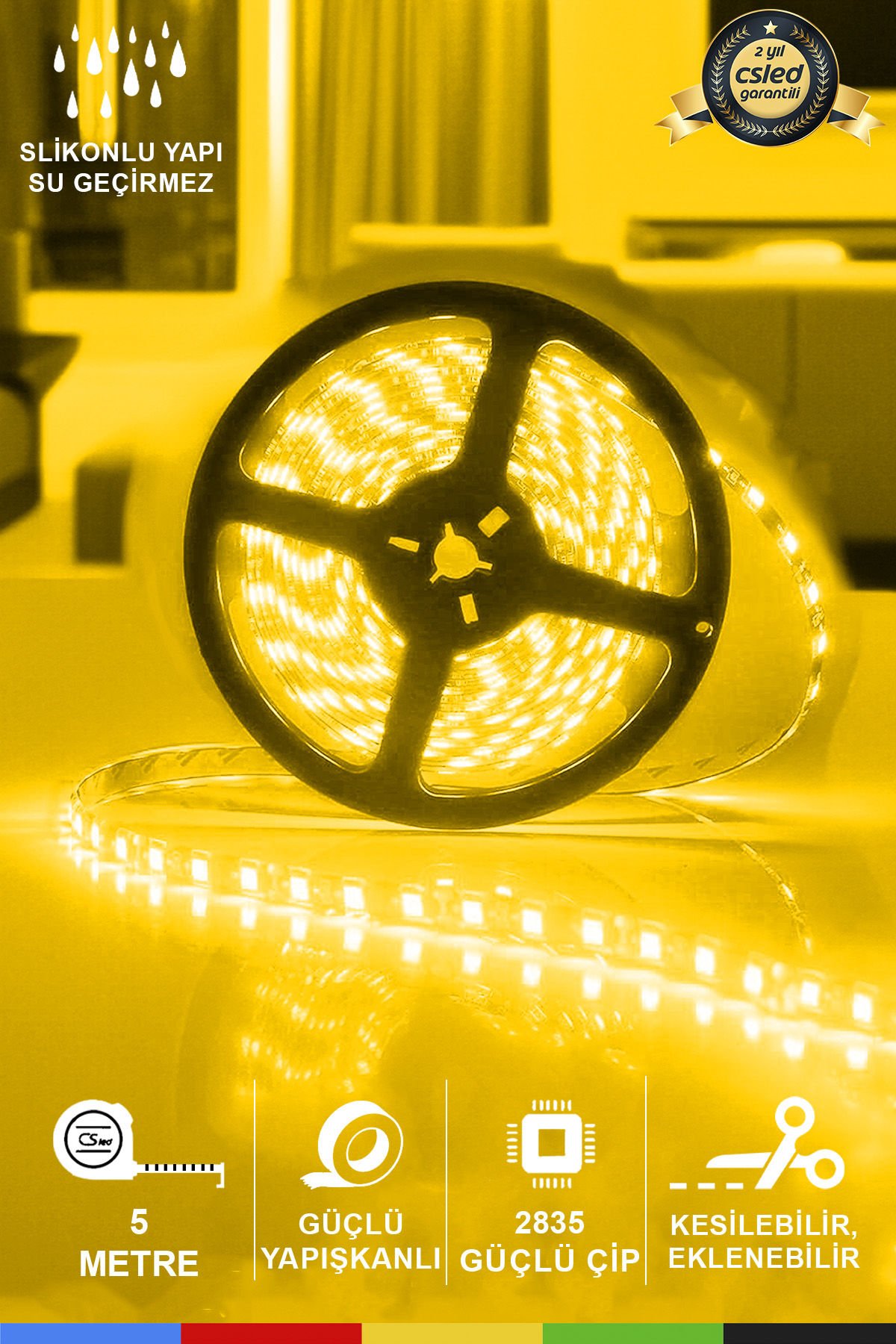 12V Dış Mekan M/60 2835 Sarı LED Şerit – 5 Metre, Kesilebilir ve Eklenebilir