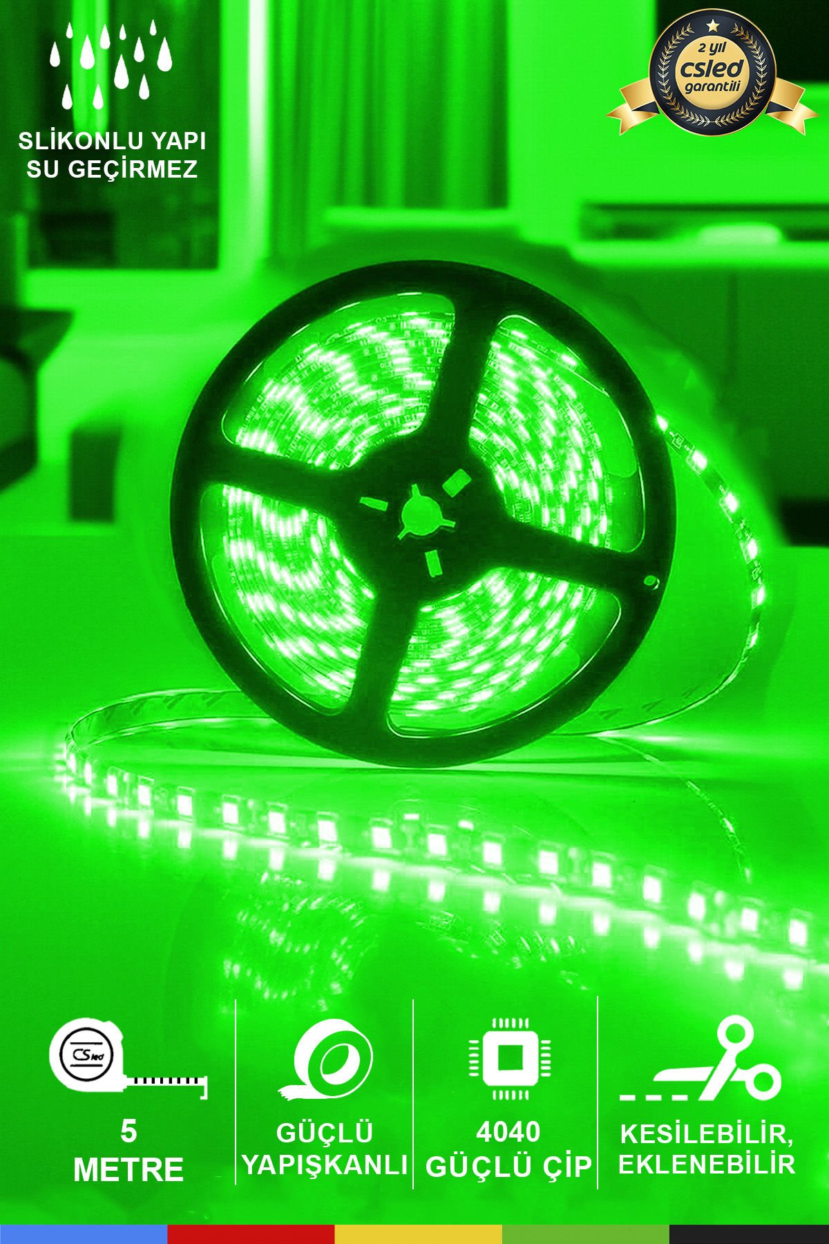 12V Dış Mekan M/60 4040 Yeşil LED Şerit – 5 Metre, Kesilebilir ve Eklenebilir