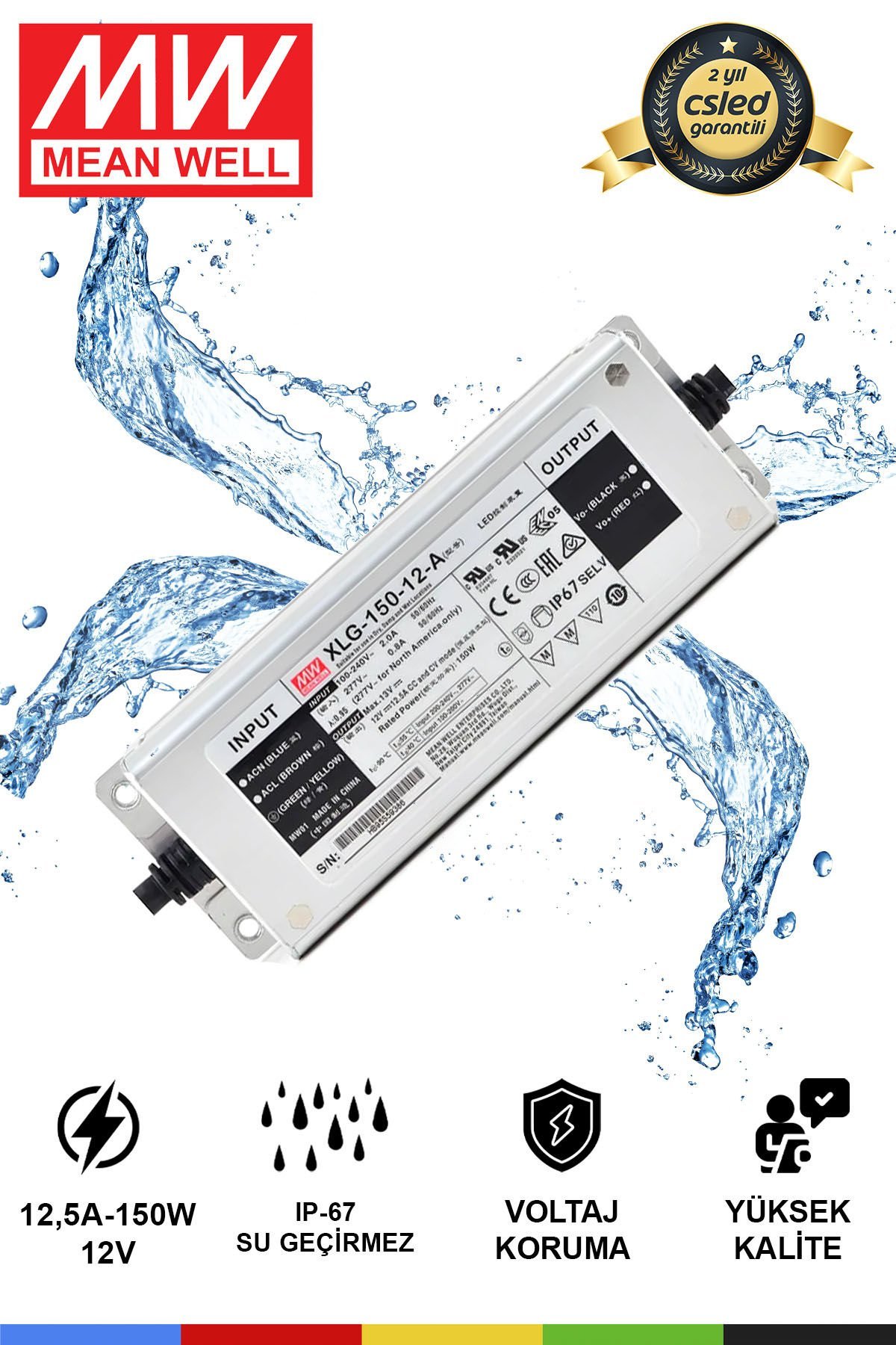 MeanWell XLG-150-12-A | 150W 12V 12.5A Sabit Voltaj & Sabit Akım LED Sürücü