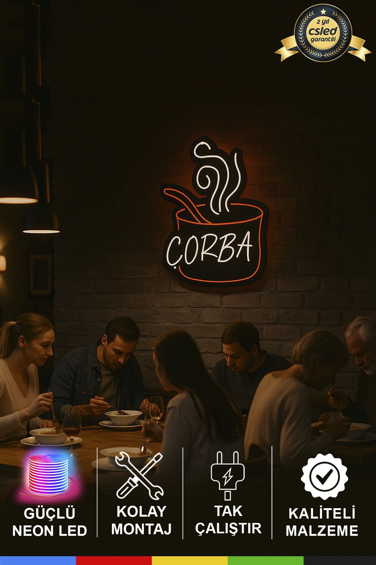 Çorba Neon Tabela – Çorba Yazılı ve Kase Simgeli LED Işıklı Tabela, Adaptör Dahil Tak Çalıştır, Restoran ve Lokantalar İçin
