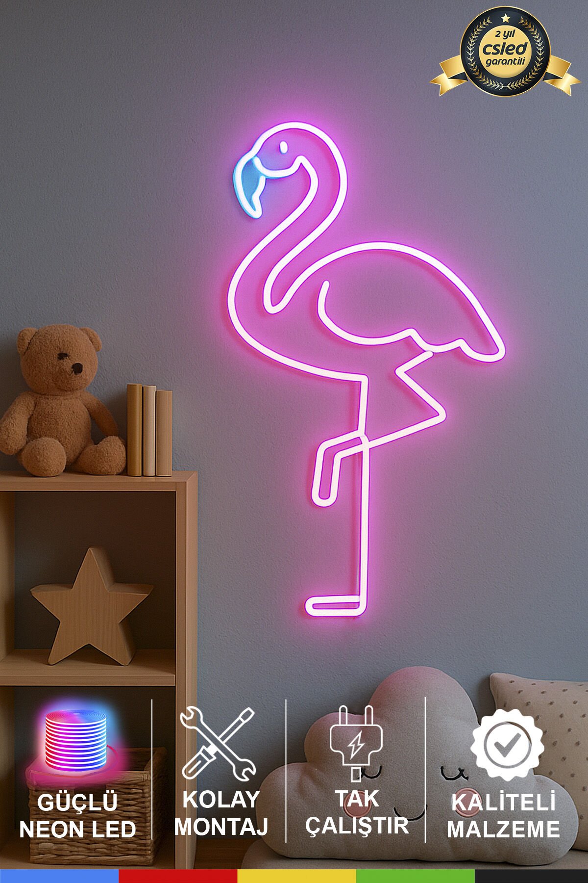 Flamingo Neon Işıklı Dekoratif Tabela – Pembe LED, Adaptör Dahil, Tak Çalıştır