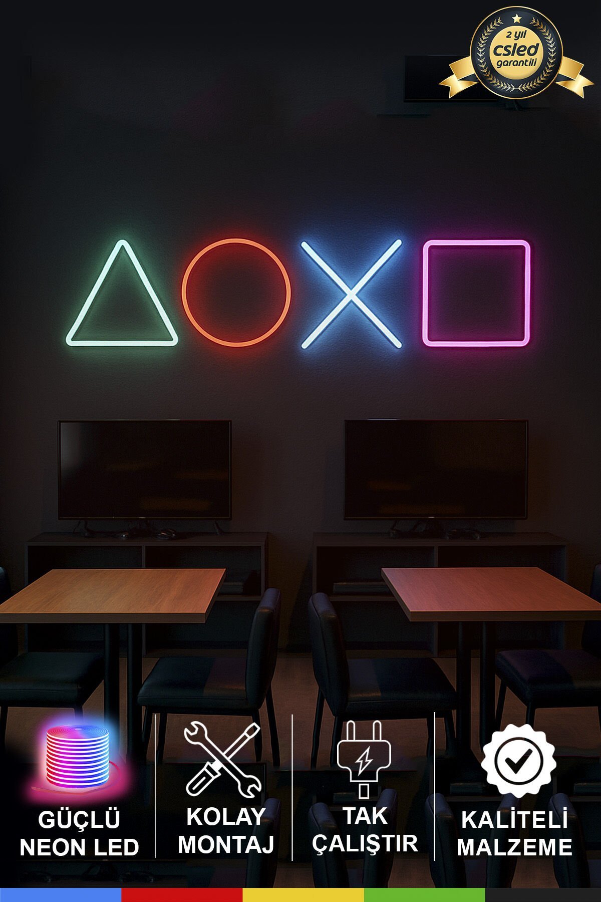 PS Kol Tuşları Neon Tabela – LED Işıklı PlayStation Simgeleri, Adaptör Dahil Tak Çalıştır, Oyun Odası ve Kafe Dekoru