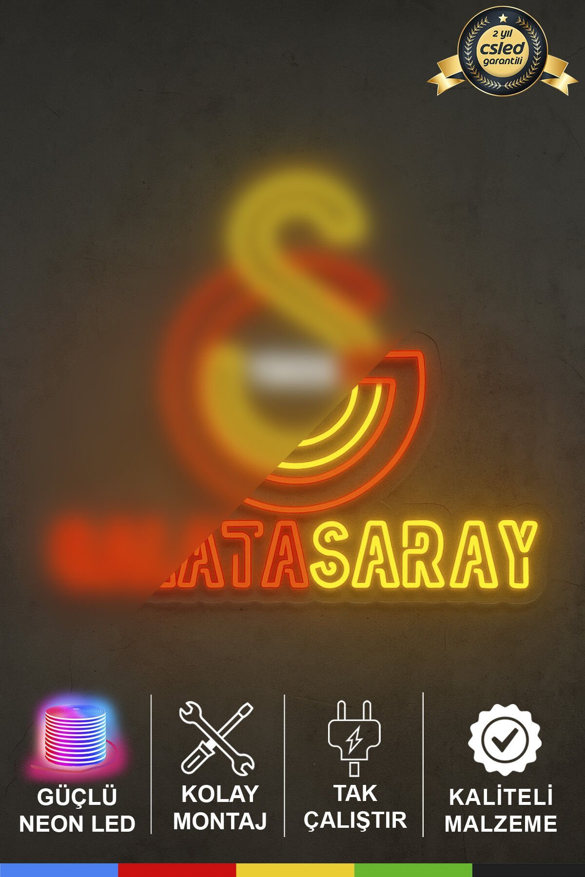 Galatasaray Logolu ve Yazılı Neon Tabela – LED Işıklı GS Amblem, Adaptör Dahil Tak Çalıştır, Taraftar Oda ve Kafe Dekoru