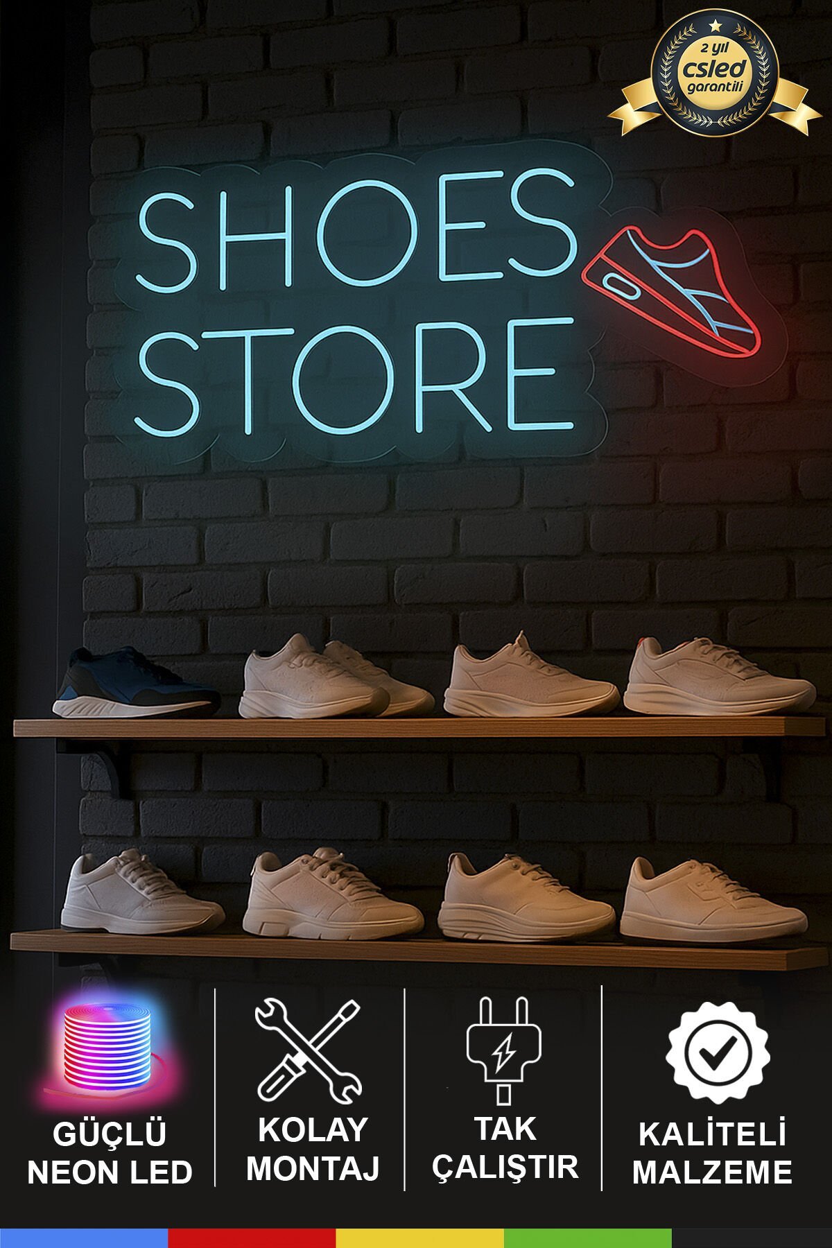 Shoes Store Logolu ve Yazılı Neon Tabela – LED Işıklı Ayakkabı Figürü, Adaptör Dahil Tak Çalıştır, Mağaza ve Vitrin Dekoru