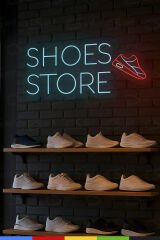 Shoes Store Logolu ve Yazılı Neon Tabela – LED Işıklı Ayakkabı Figürü, Adaptör Dahil Tak Çalıştır, Mağaza ve Vitrin Dekoru