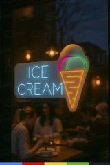 Ice Cream Yazılı ve Dondurma Simgeli Neon Tabela – LED Işıklı Tak Çalıştır, Dondurmacı ve Kafe Dekoru