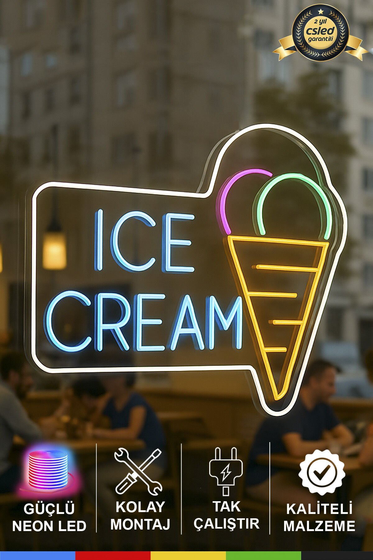 Ice Cream Yazılı ve Dondurma Simgeli Neon Tabela – LED Işıklı Tak Çalıştır, Dondurmacı ve Kafe Dekoru