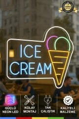 Ice Cream Yazılı ve Dondurma Simgeli Neon Tabela – LED Işıklı Tak Çalıştır, Dondurmacı ve Kafe Dekoru