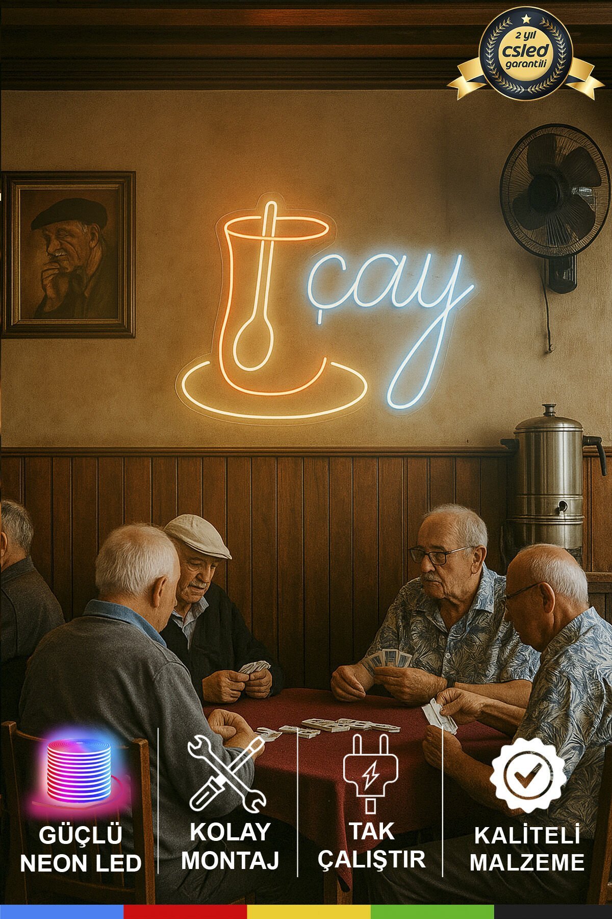 Çay Yazılı ve Çay Logolu Neon Tabela – LED Işıklı Tak Çalıştır, Kafe ve Çay Ocağı Dekoru