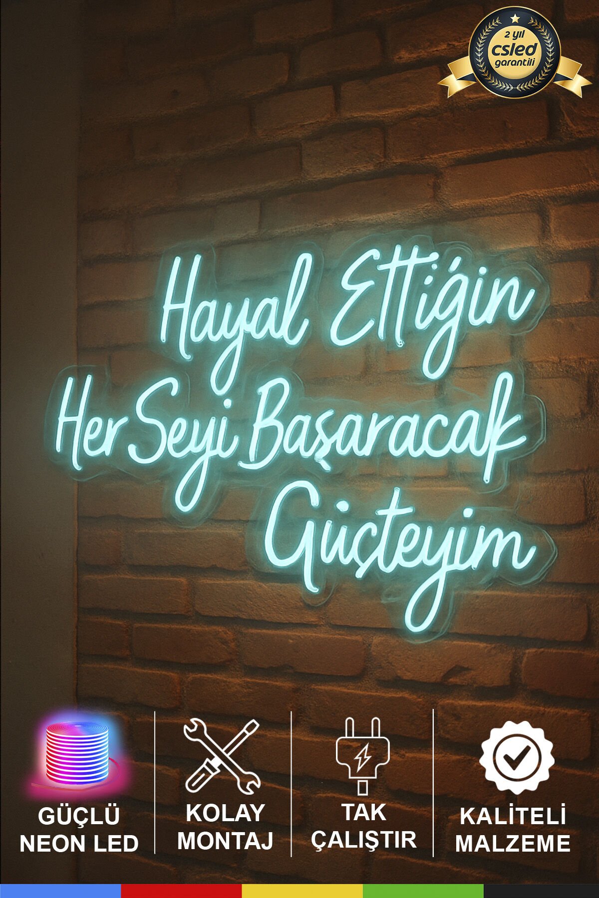 “Hayal Ettiğin Her Şeyi Başaracak Güçteyim” Yazılı Neon Tabela – LED Işıklı Motivasyon Sözleri, Ev ve Ofis Dekoru