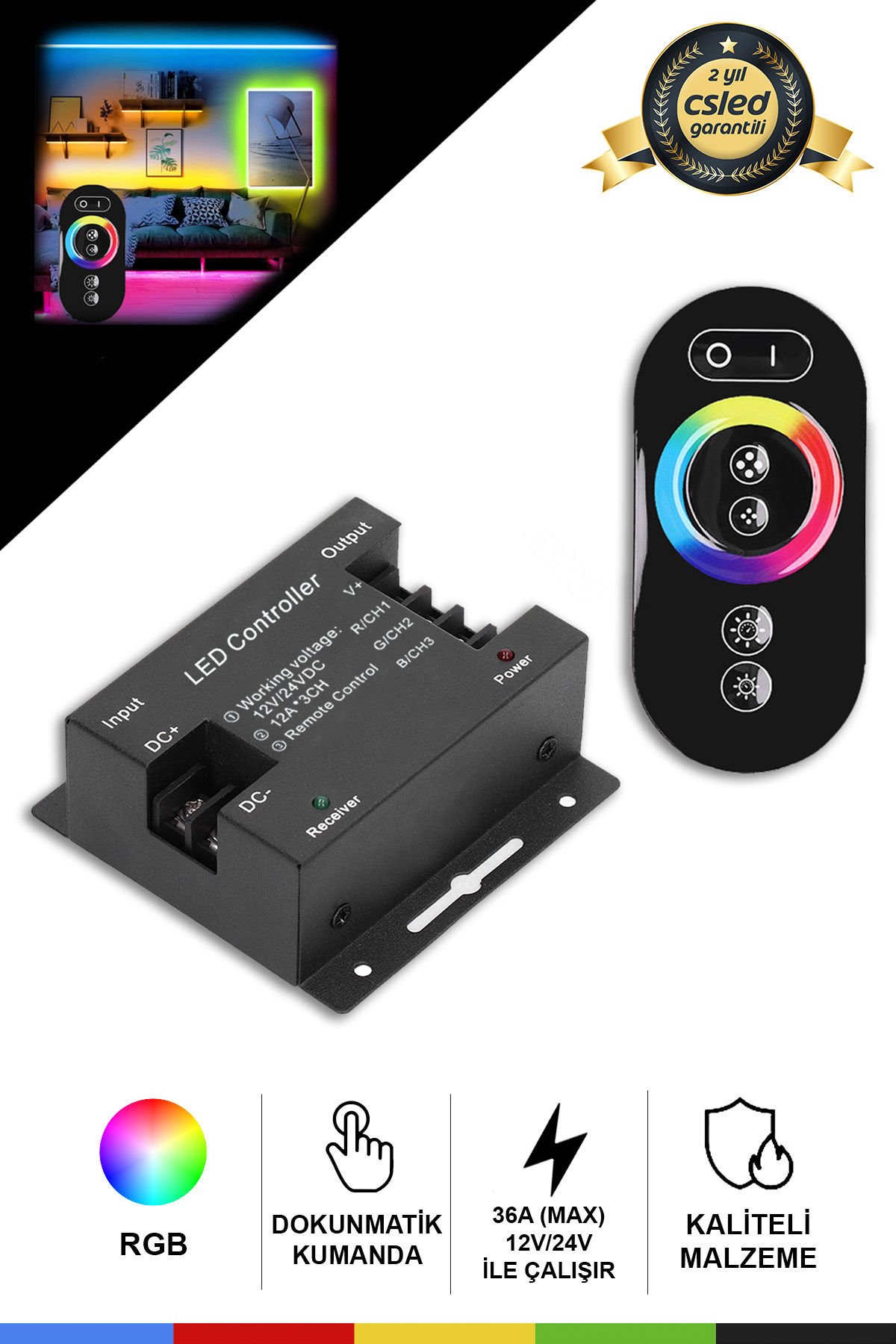 RGB Dokunmatik Şerit LED Kumanda & Kontrol Cihazı – 36A, 12/24V, RF Uzaktan Kumanda