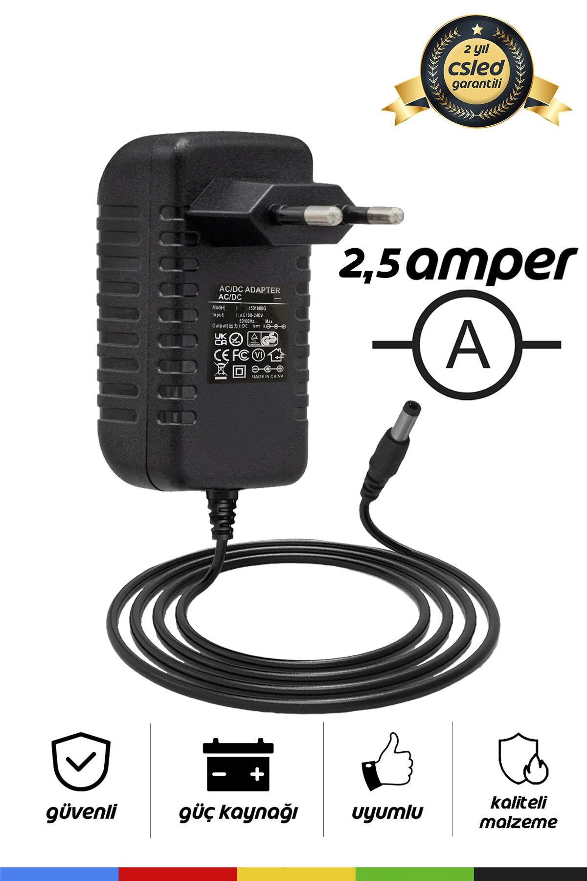 12V 2.5A Priz Tipi Adaptör – 5.5x2.5 mm Uçlu, Plastik Kasa, Güvenilir Güç Kaynağı